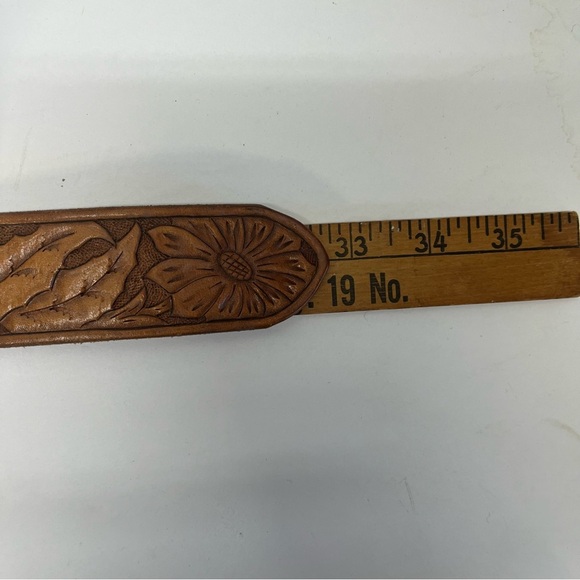 Vtg Southwestern Turquoise Arrowhead Belt Buckle & Hand Tooled Leather Belt 33” - Picture 5 of 6